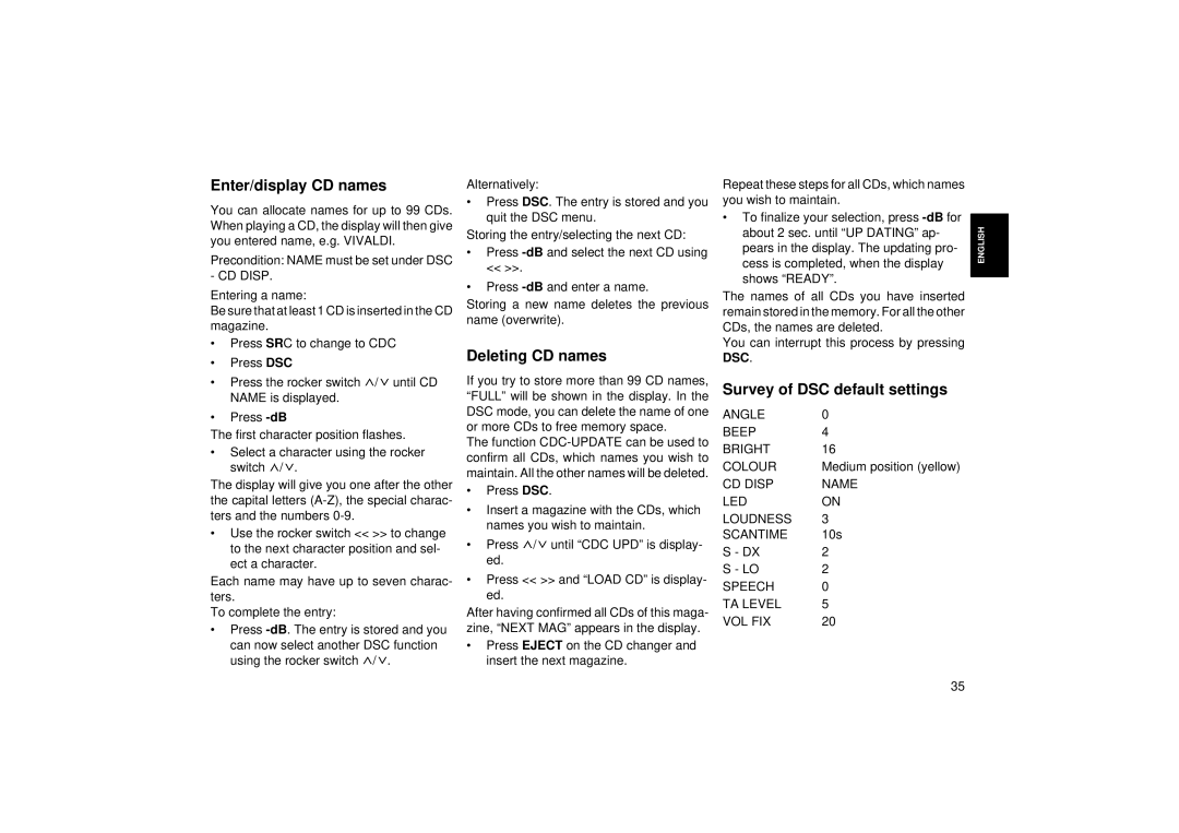 Blaupunkt RCM 104 operating instructions Enter/display CD names, Deleting CD names, Survey of DSC default settings 