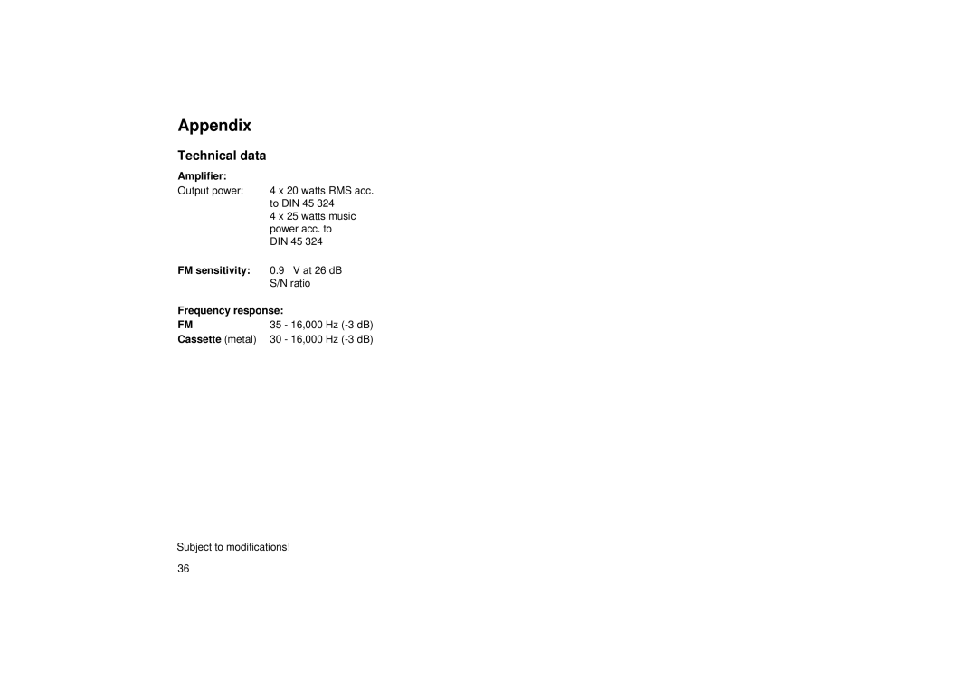 Blaupunkt RCM 104 operating instructions Appendix, Technical data 