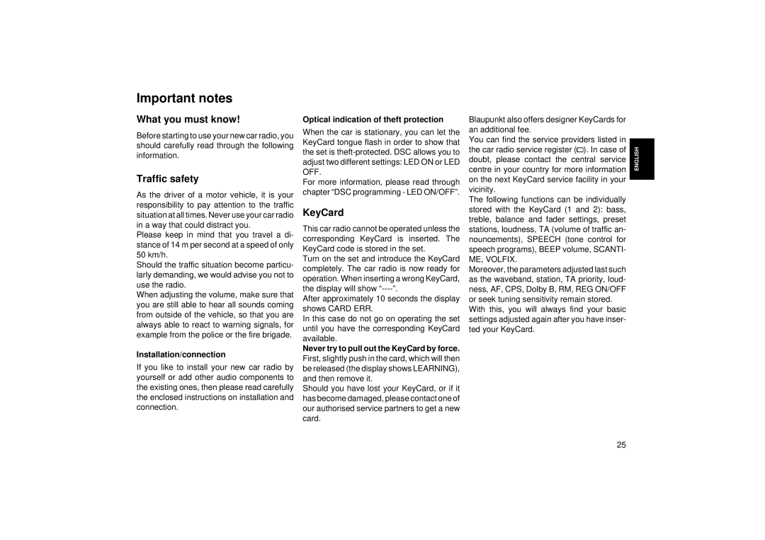 Blaupunkt RCM 104 operating instructions Important notes, What you must know, Traffic safety, KeyCard 