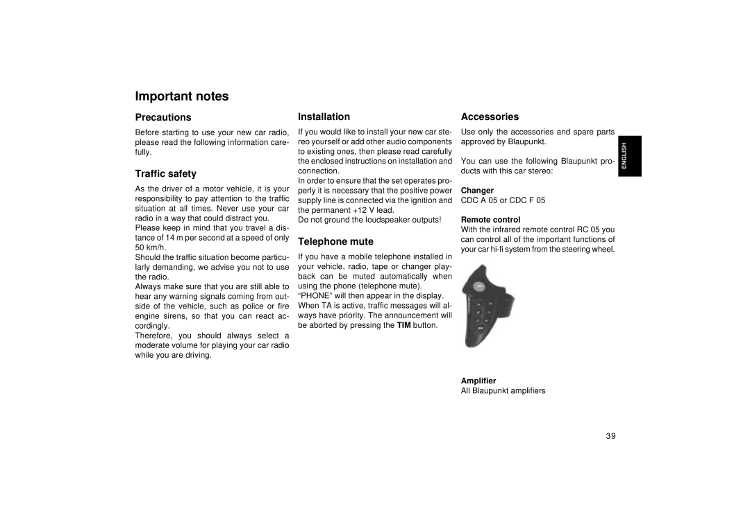 Blaupunkt RCM 126 operating instructions Important notes 