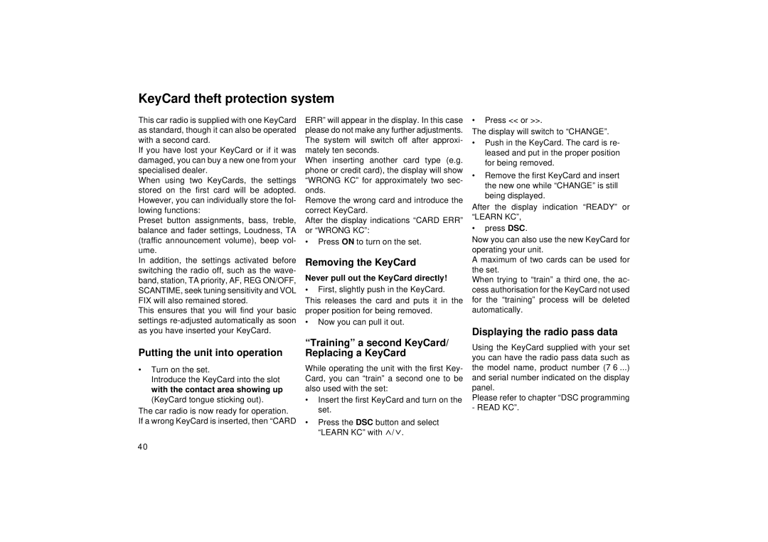 Blaupunkt RCM 126 operating instructions KeyCard theft protection system, Removing the KeyCard, Replacing a KeyCard 