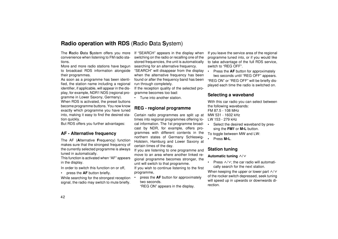 Blaupunkt RCM 126 operating instructions Radio operation with RDS Radio Data System 