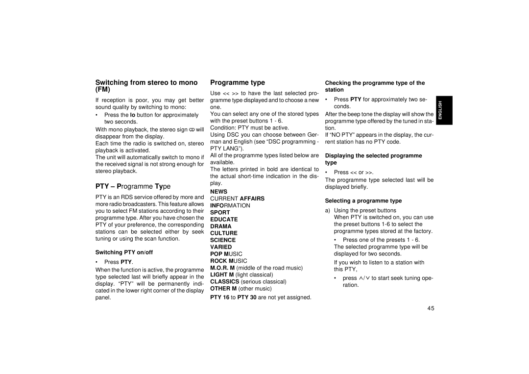 Blaupunkt RCM 126 operating instructions Switching from stereo to mono FM, Programme type, News 