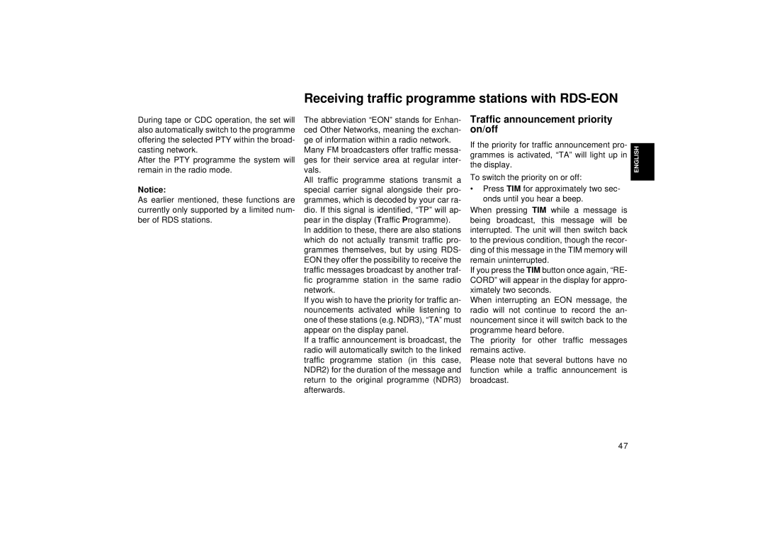 Blaupunkt RCM 126 operating instructions Receiving traffic programme stations with RDS-EON, On/off 