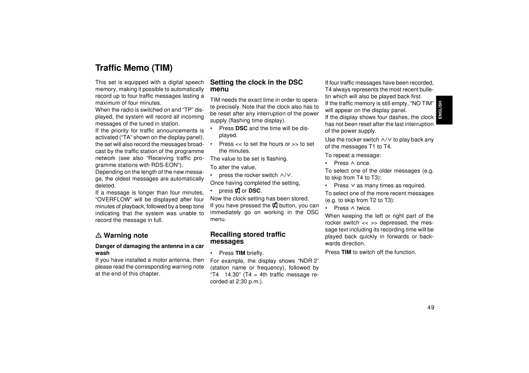 Blaupunkt RCM 126 Traffic Memo TIM, Setting the clock in the DSC, Menu, Recalling stored traffic messages 