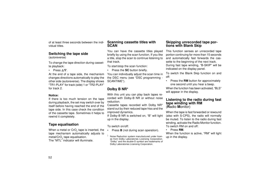 Blaupunkt RCM 126 Scanning cassette titles with, Tions with Blank Skip, Switching the tape side, Dolby B NR 