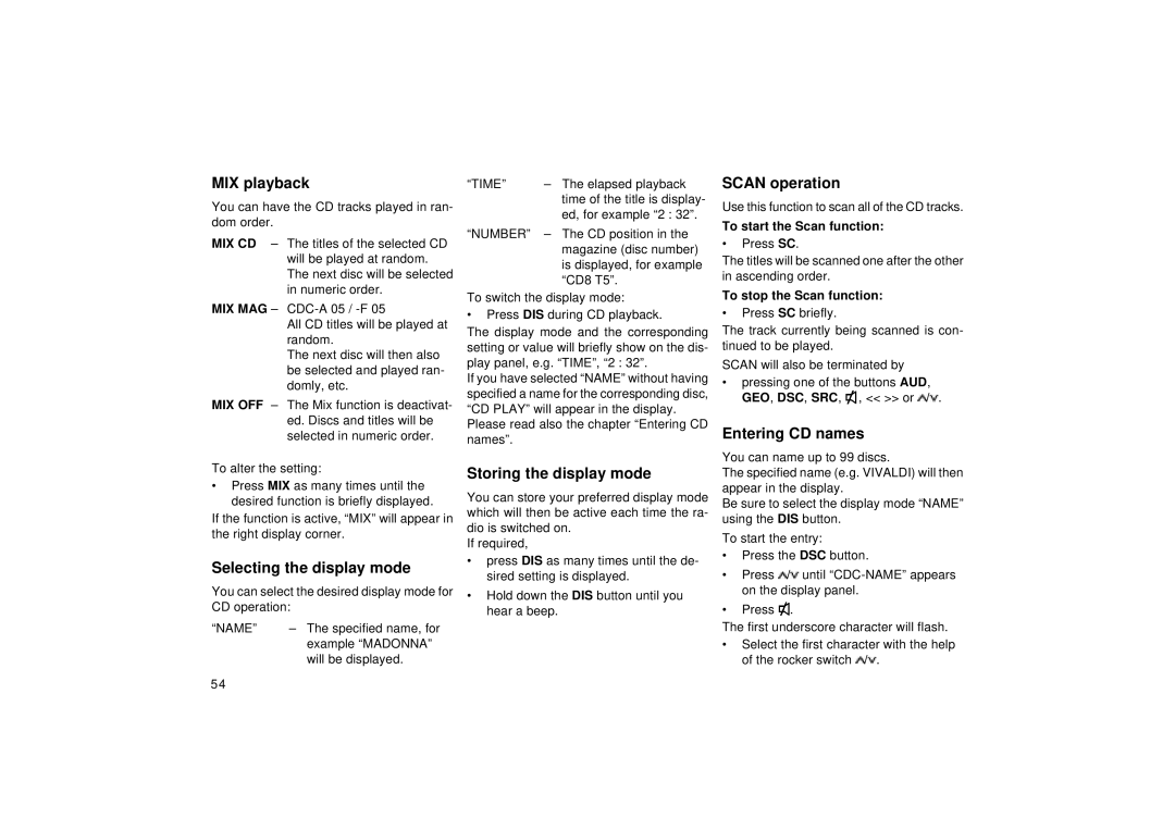 Blaupunkt RCM 126 MIX playback, Selecting the display mode, Storing the display mode, Scan operation, Entering CD names 