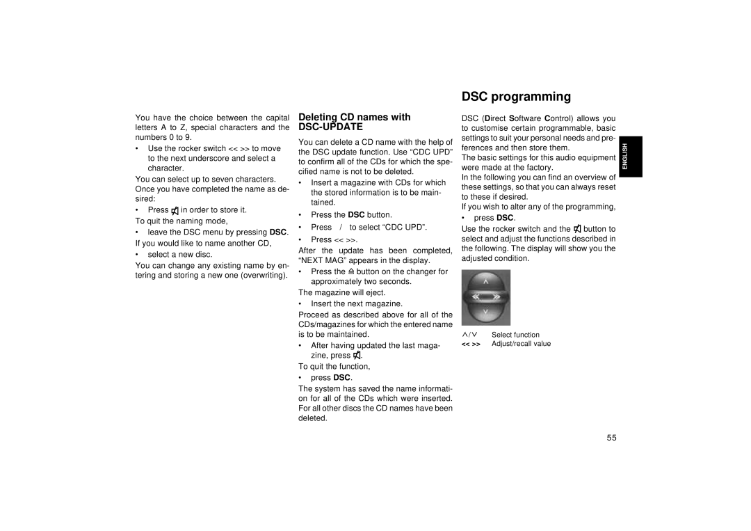 Blaupunkt RCM 126 operating instructions DSC programming, Deleting CD names with 