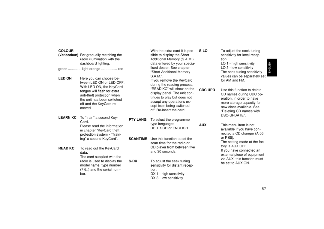 Blaupunkt RCM 126 operating instructions Colour, PTY Lang, Scantime, Aux 