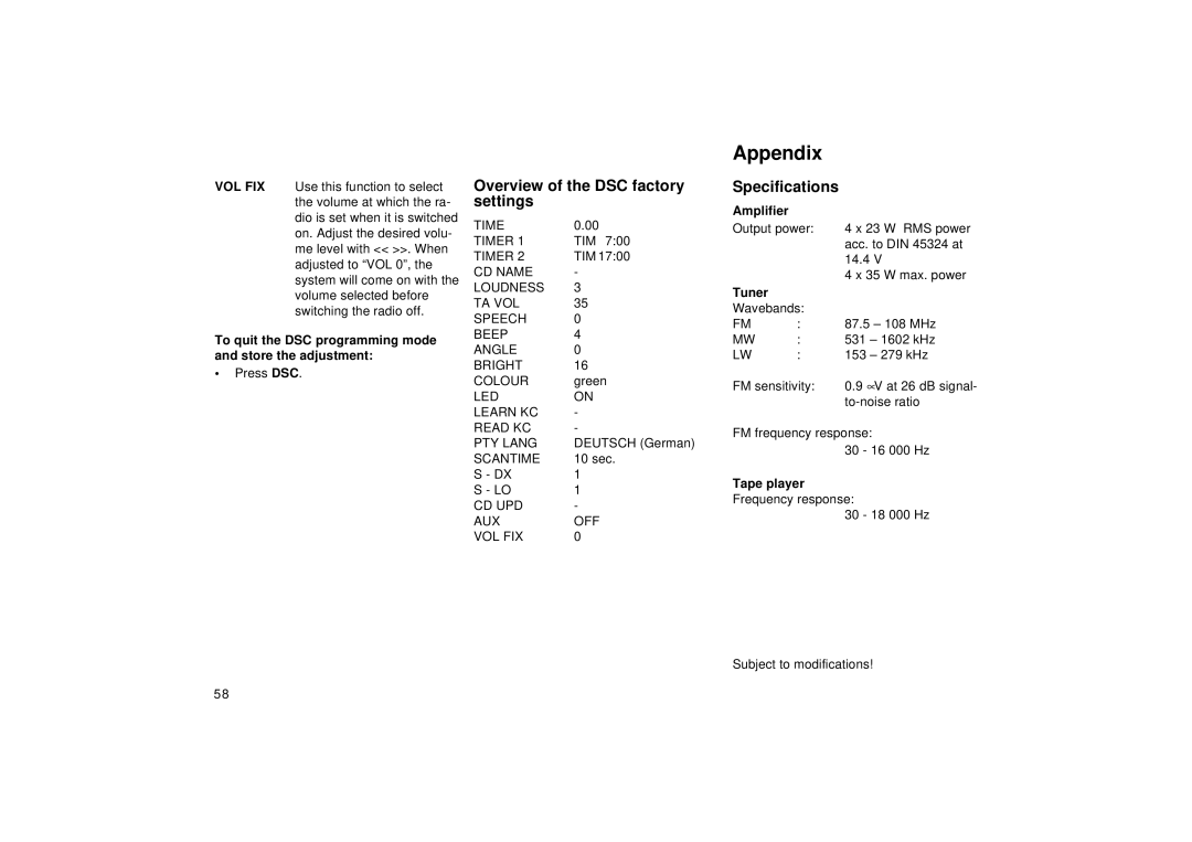 Blaupunkt RCM 126 operating instructions Appendix, Overview of the DSC factory settings, Specifications 