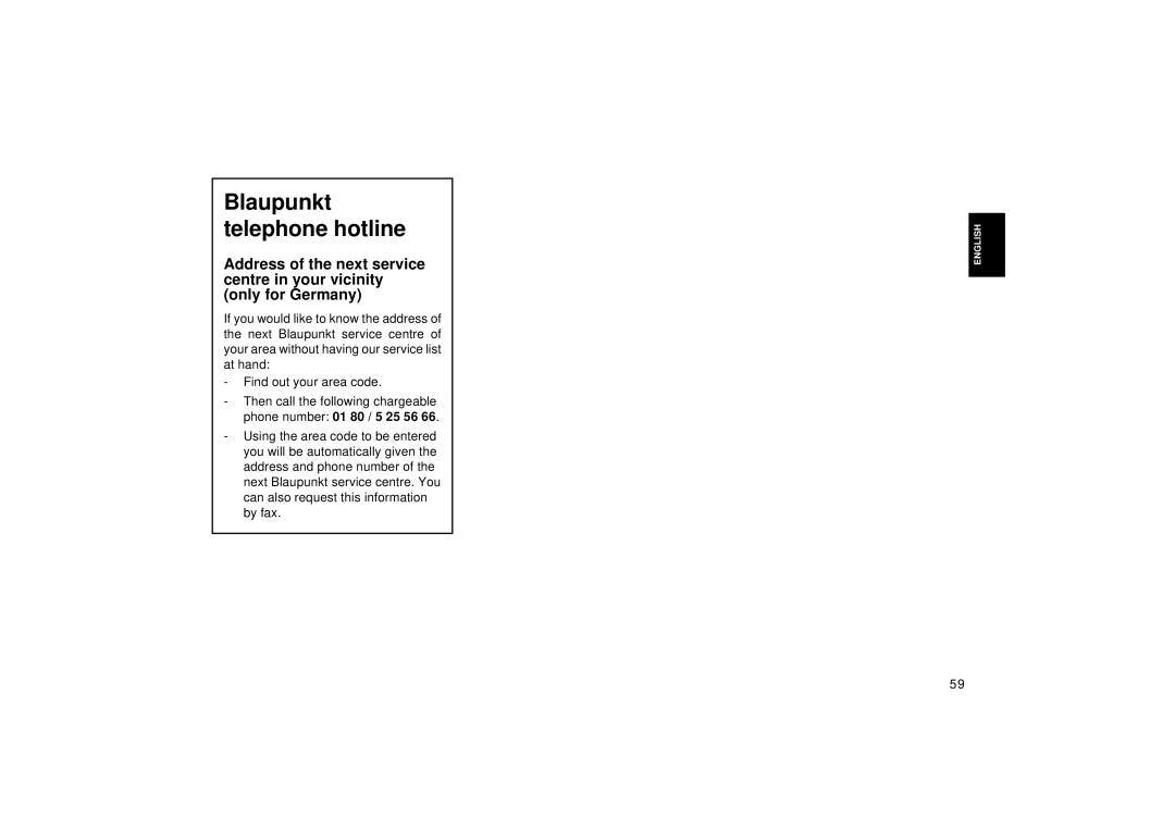 Blaupunkt RCM 126 operating instructions Blaupunkt telephone hotline 