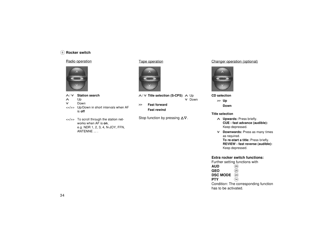 Blaupunkt RCM 126 operating instructions Rocker switch, Extra rocker switch functions, AUD J GEO DSC Mode H PTY 