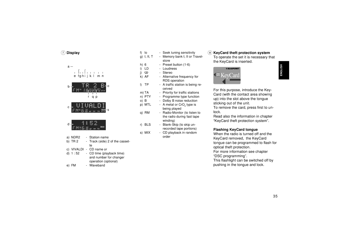 Blaupunkt RCM 126 operating instructions Display, Flashing KeyCard tongue 