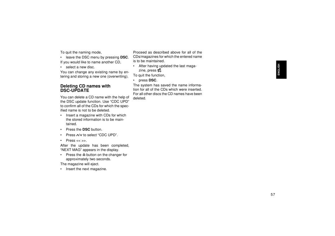 Blaupunkt RCM 126 operating instructions Deleting CD names with, Dsc-Update 