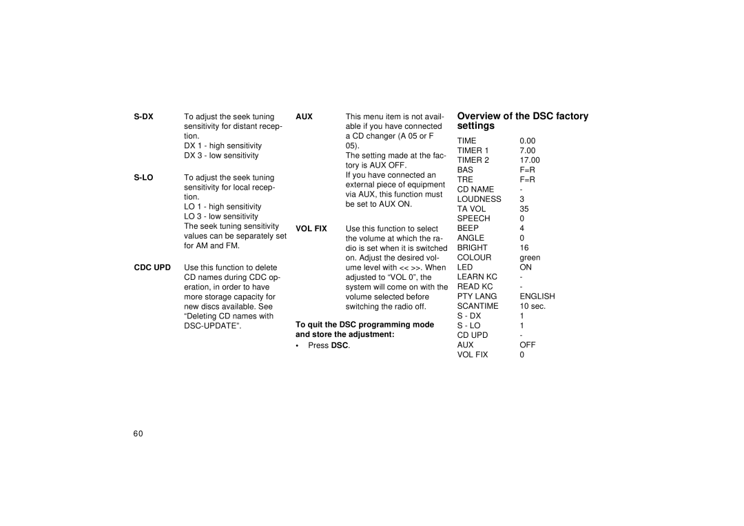 Blaupunkt RCM 126 Overview of the DSC factory settings, Aux, To quit the DSC programming mode and store the adjustment 