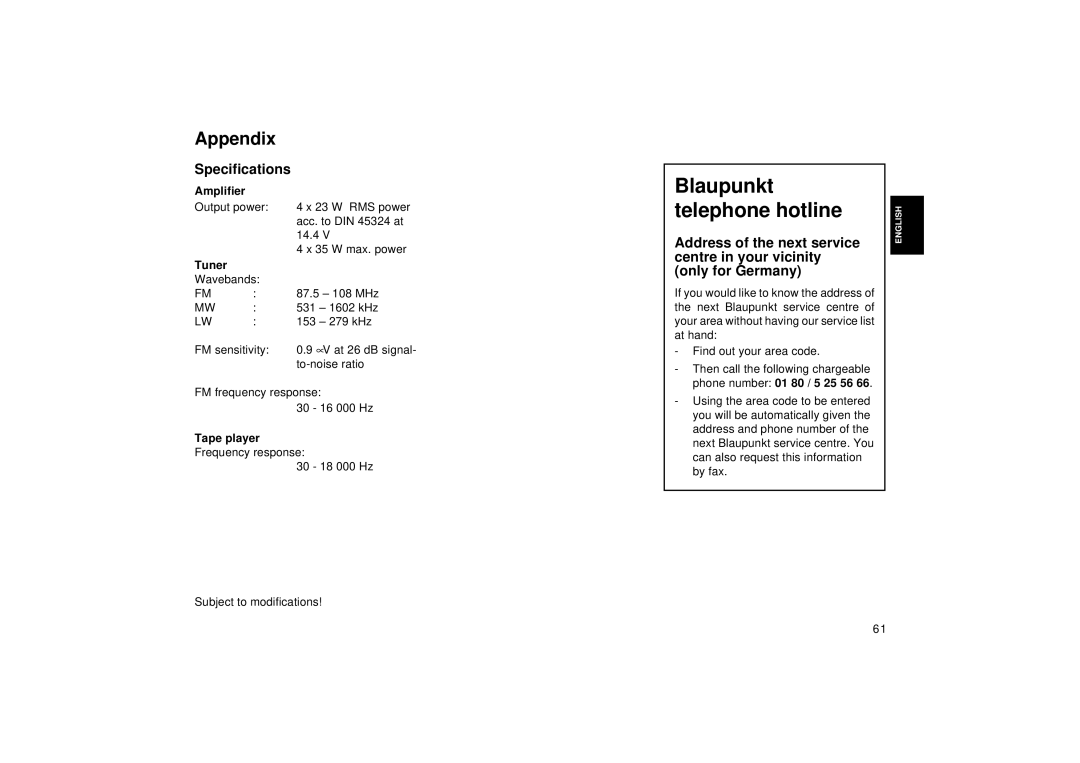 Blaupunkt RCM 126 operating instructions Appendix, Specifications, Tuner, Tape player 