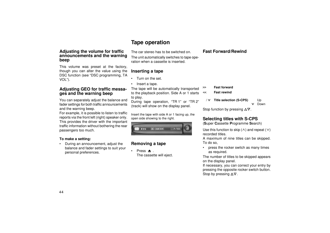 Blaupunkt RCM 126 operating instructions Tape operation 