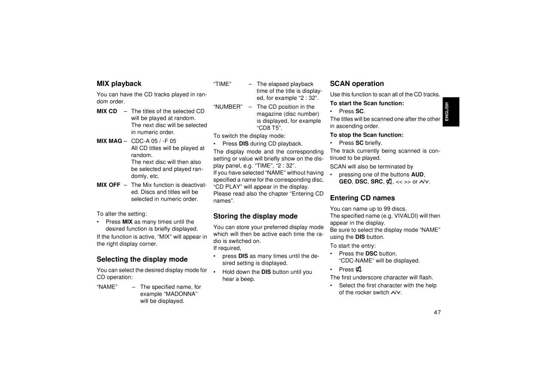 Blaupunkt RCM 126 MIX playback, Selecting the display mode, Storing the display mode, Entering CD names 