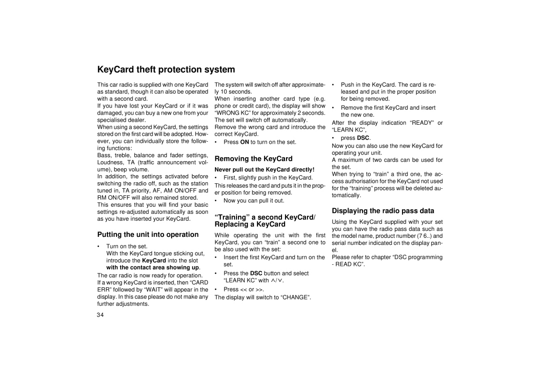 Blaupunkt RCM 127 operating instructions KeyCard theft protection system 