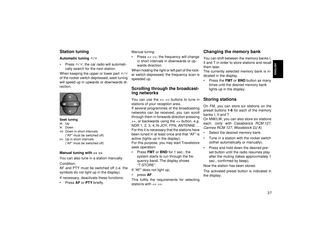 Blaupunkt RCM 127 operating instructions Station tuning, Storing stations, Automatic tuning, Manual tuning with 