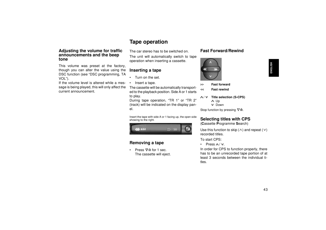 Blaupunkt RCM 127 operating instructions Tape operation, Removing a tape 