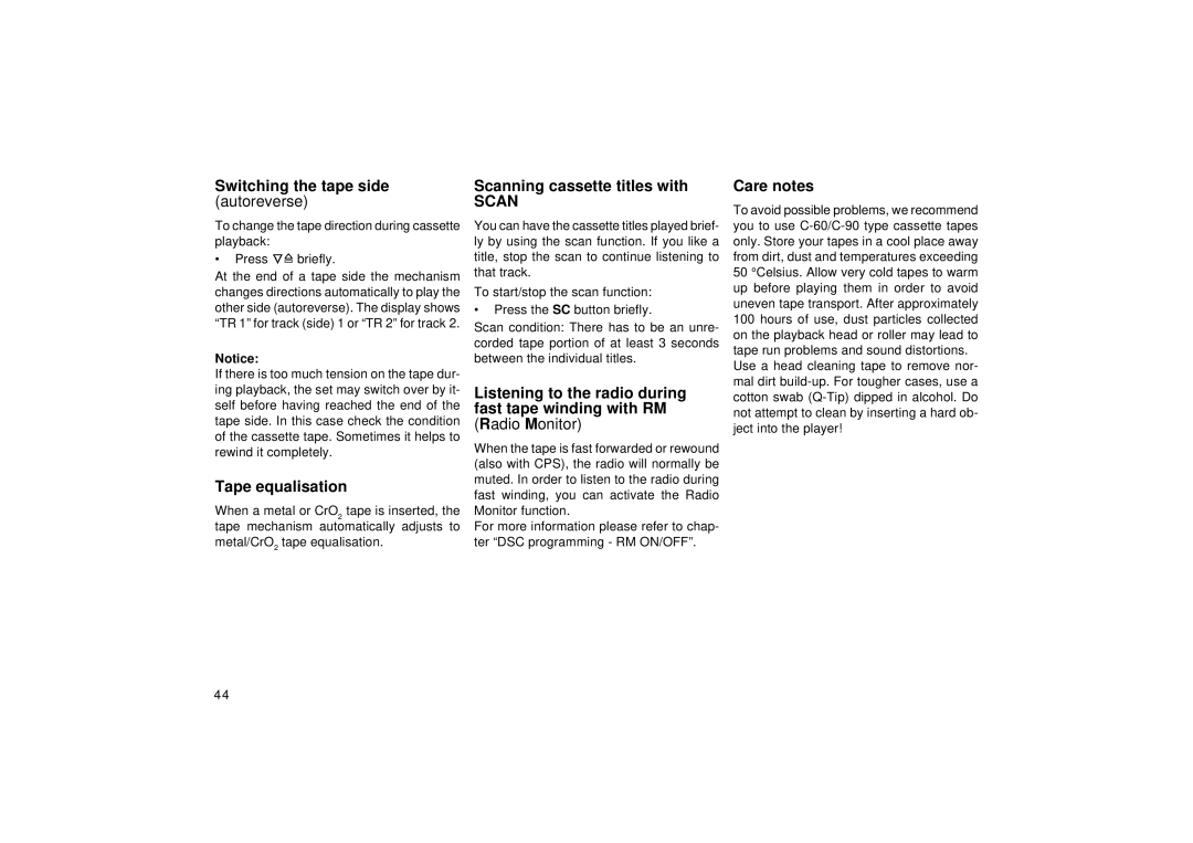 Blaupunkt RCM 127 operating instructions Listening to the radio during fast tape winding with RM, Care notes 