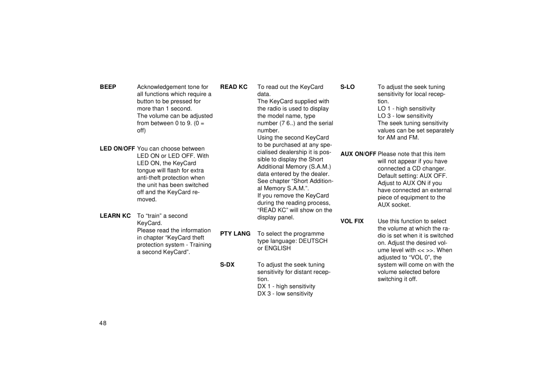 Blaupunkt RCM 127 operating instructions Read KC, PTY Lang 