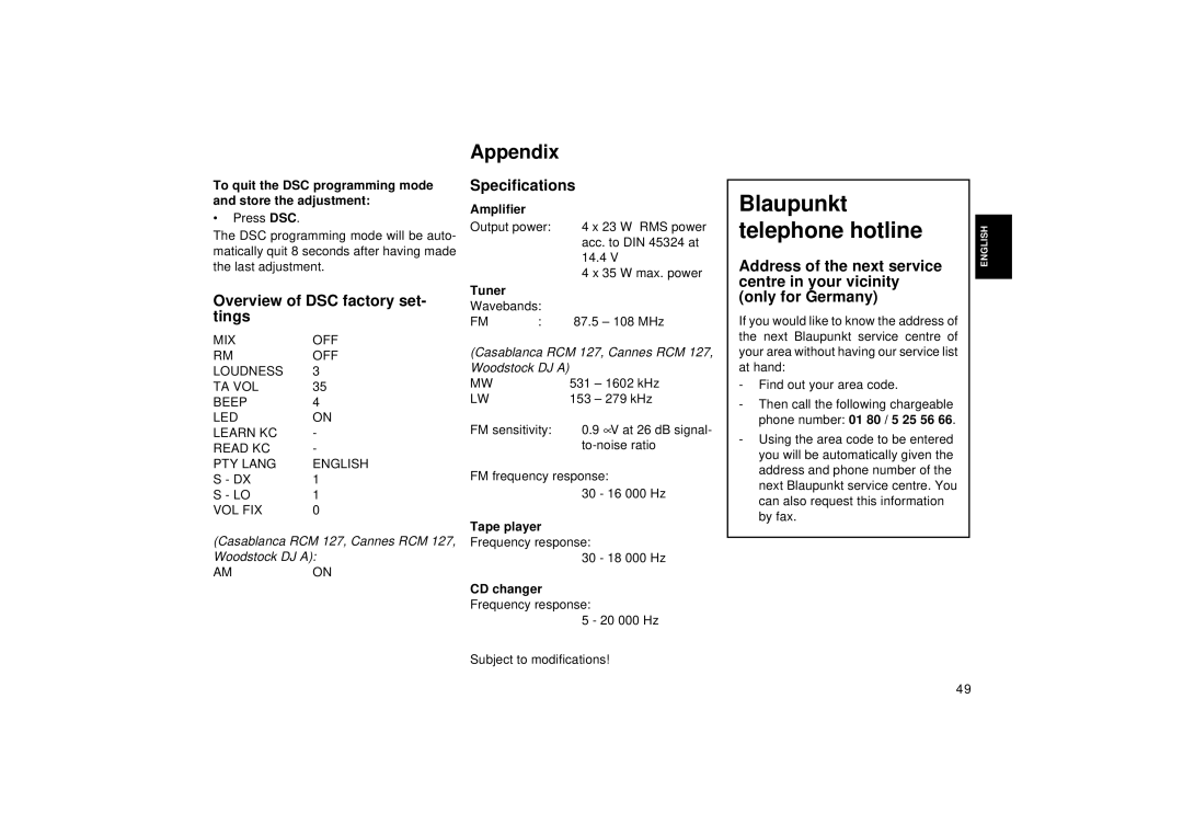 Blaupunkt RCM 127 operating instructions Appendix, Overview of DSC factory set- tings, Specifications 