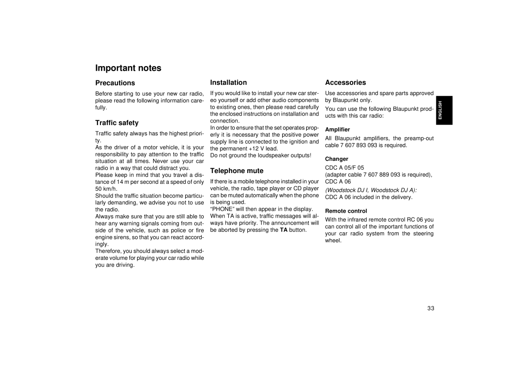 Blaupunkt RCM 127 operating instructions Important notes 