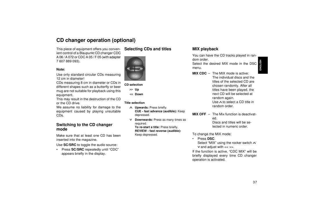 Blaupunkt RCM 127 operating instructions Selecting CDs and titles, MIX playback, Mix Cdc, Mix Off 