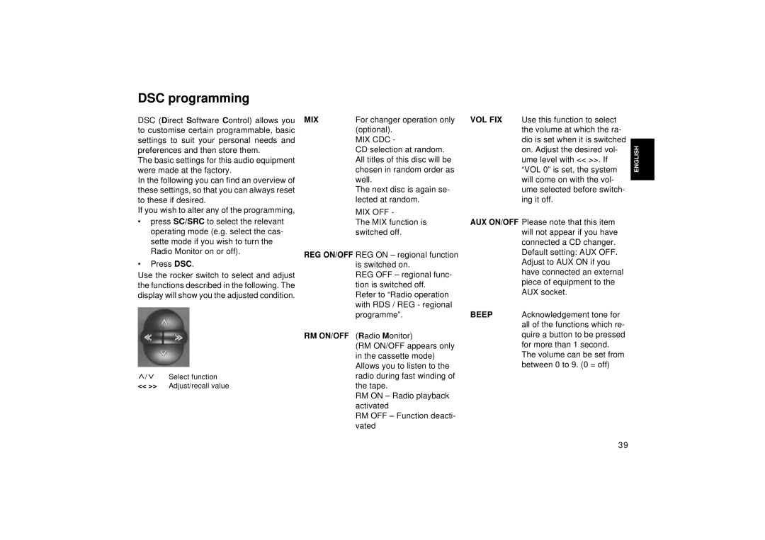 Blaupunkt RCM 127 operating instructions DSC programming, Mix 