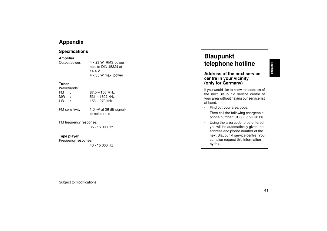 Blaupunkt RCM 127 operating instructions Appendix, Specifications, Amplifier, Tuner, Tape player Frequency response 