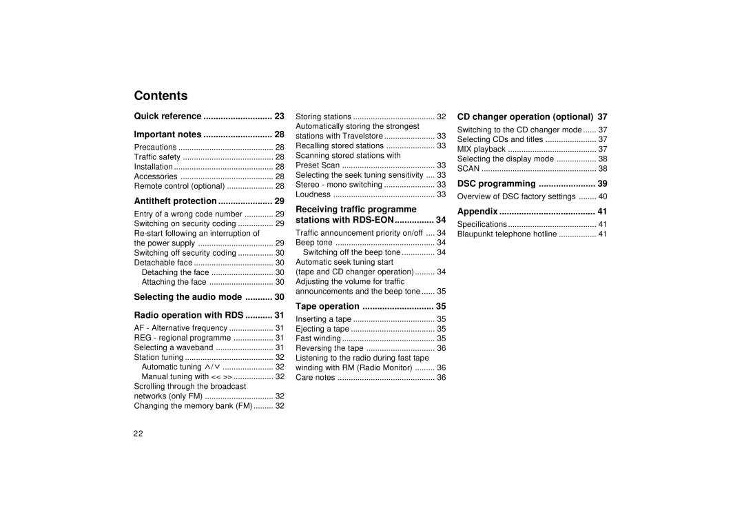 Blaupunkt RCM 127 operating instructions Contents 