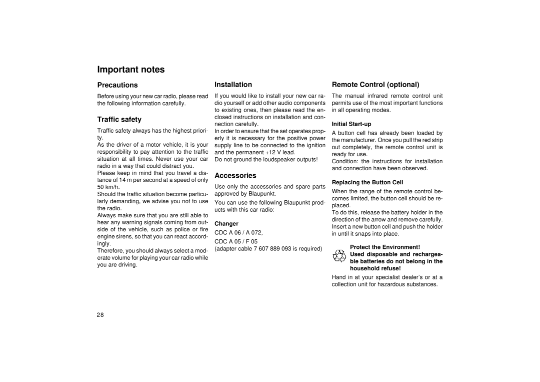 Blaupunkt RCM 127 Important notes, Precautions, Traffic safety, Installation Remote Control optional, Accessories 