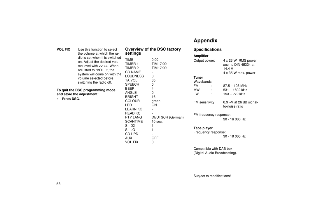 Blaupunkt RCM 128 operating instructions Appendix, Overview of the DSC factory settings, Specifications 