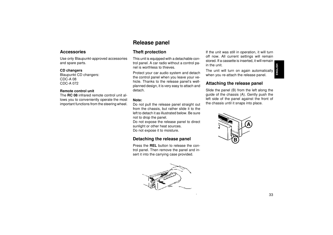 Blaupunkt RCM 168 Release panel, Accessories, Theft protection, Detaching the release panel, Attaching the release panel 