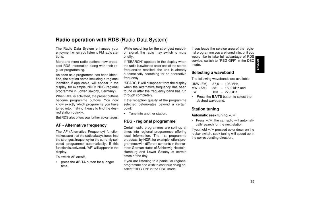 Blaupunkt RCM 168 Radio operation with RDS Radio Data System, Selecting a waveband, Station tuning, REG regional programme 