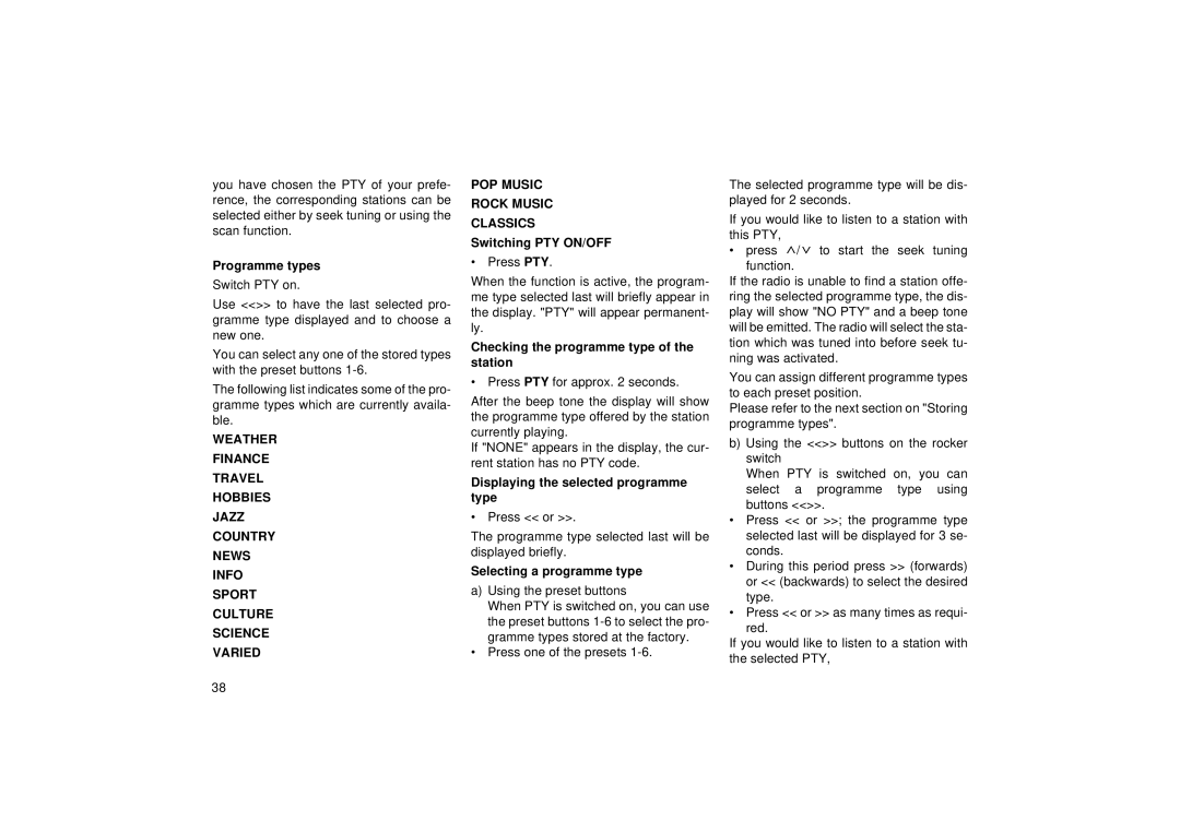 Blaupunkt RCM 168 operating instructions Programme types, Switching PTY ON/OFF, Checking the programme type of the station 