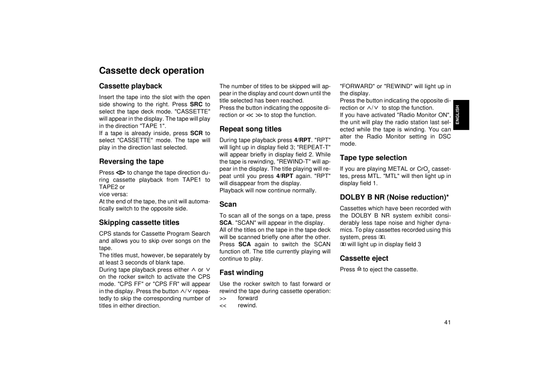 Blaupunkt RCM 168 operating instructions Cassette deck operation 