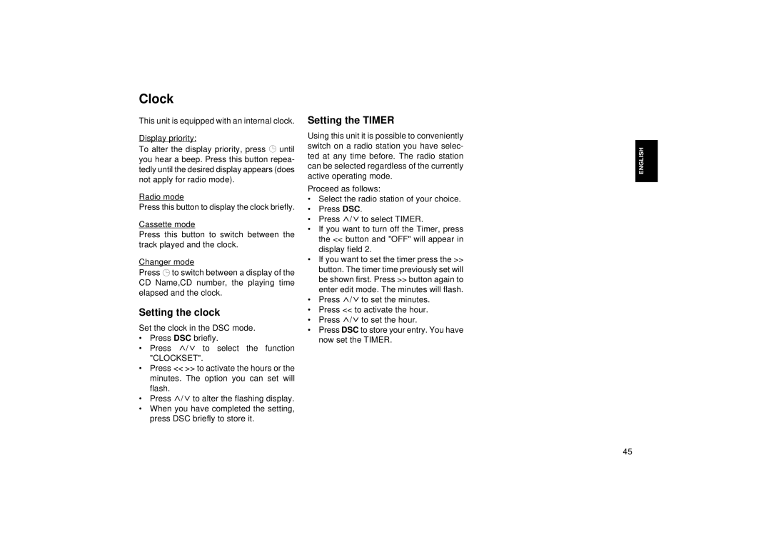 Blaupunkt RCM 168 operating instructions Clock, Setting the clock, Setting the Timer 