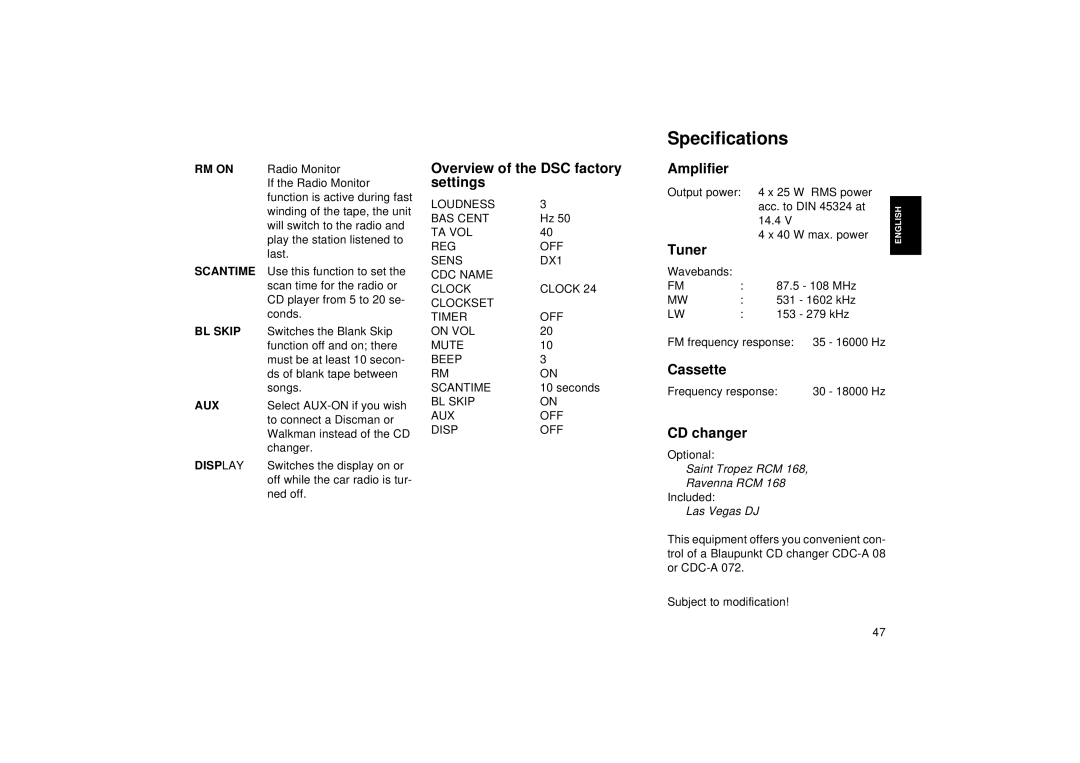 Blaupunkt RCM 168 operating instructions Specifications 