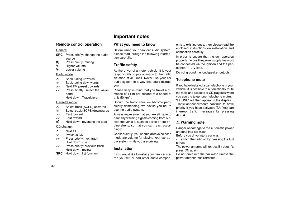 Blaupunkt RCM 168 operating instructions Important notes 