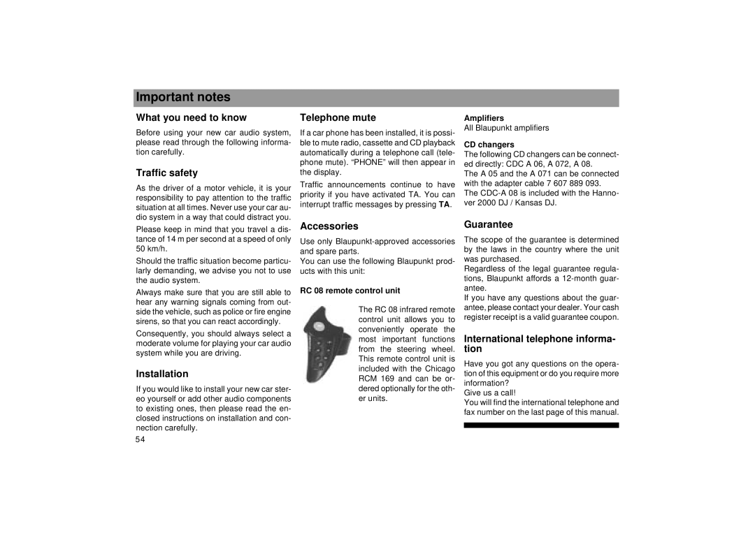 Blaupunkt 2000 DJ, RCM 169 operating instructions Important notes 