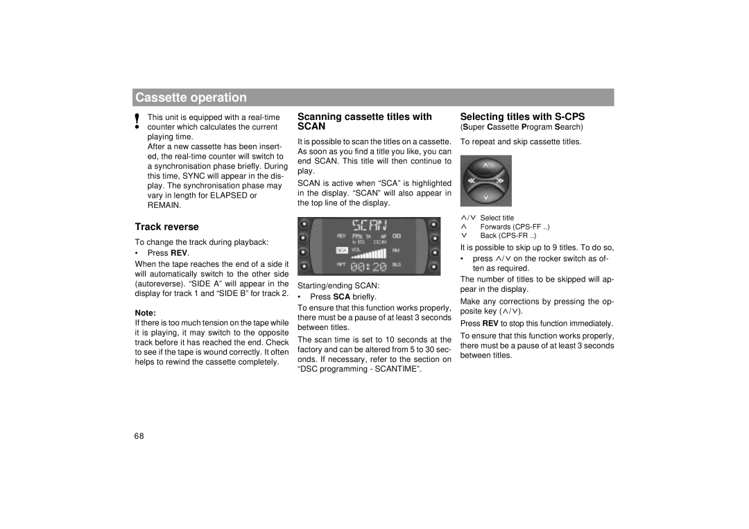 Blaupunkt 2000 DJ, RCM 169 operating instructions Cassette operation, Scanning cassette titles with, Track reverse, Remain 