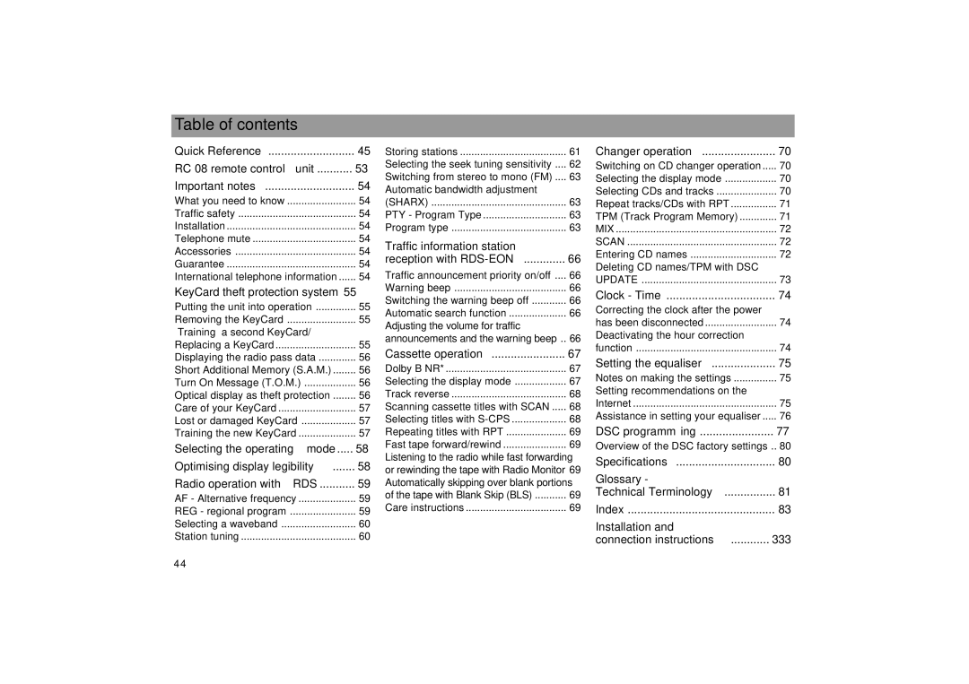 Blaupunkt 2000 DJ, RCM 169 operating instructions Table of contents 