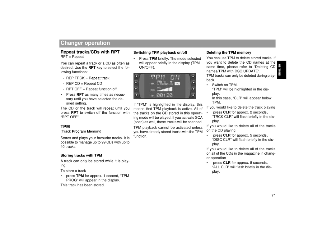 Blaupunkt RCM 169 Changer operation, Repeat tracks/CDs with RPT, Storing tracks with TPM, Switching TPM playback on/off 