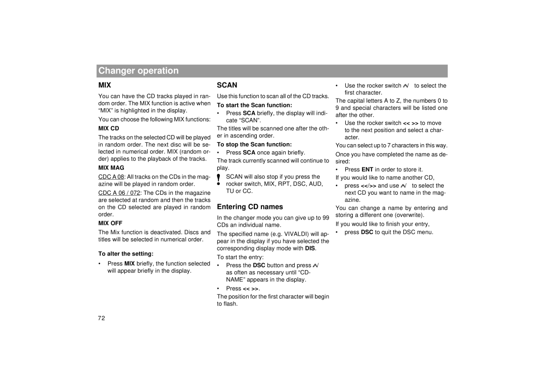 Blaupunkt 2000 DJ, RCM 169 operating instructions Entering CD names, Mix Cd, Mix Mag, Mix Off 