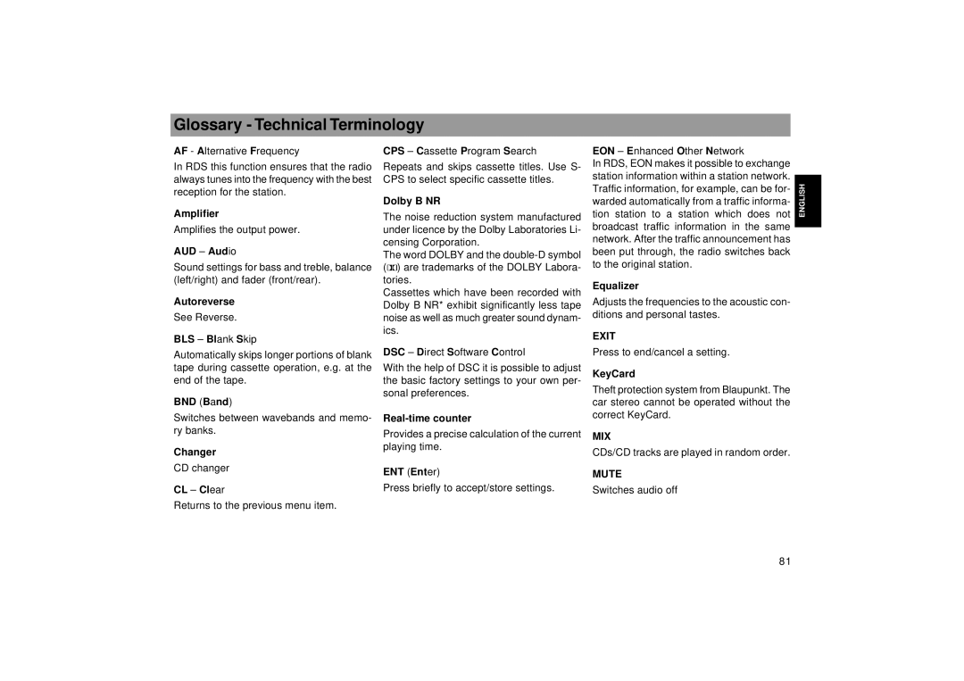 Blaupunkt RCM 169, 2000 DJ operating instructions Glossary Technical Terminology, Mute 