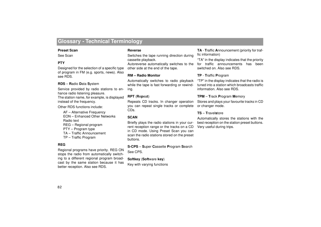 Blaupunkt 2000 DJ, RCM 169 operating instructions Glossary Technical Terminology, Reg, Scan 