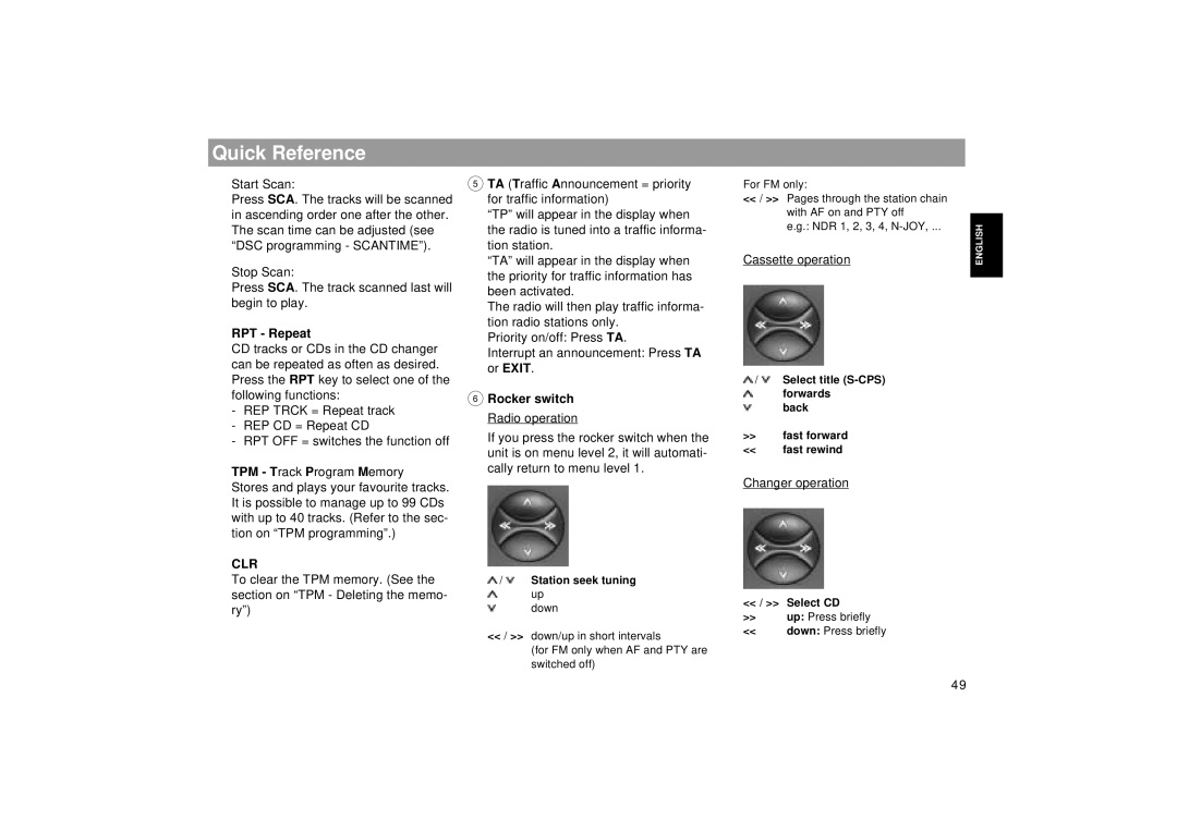 Blaupunkt RCM 169, 2000 DJ operating instructions Rocker switch Radio operation, Clr 